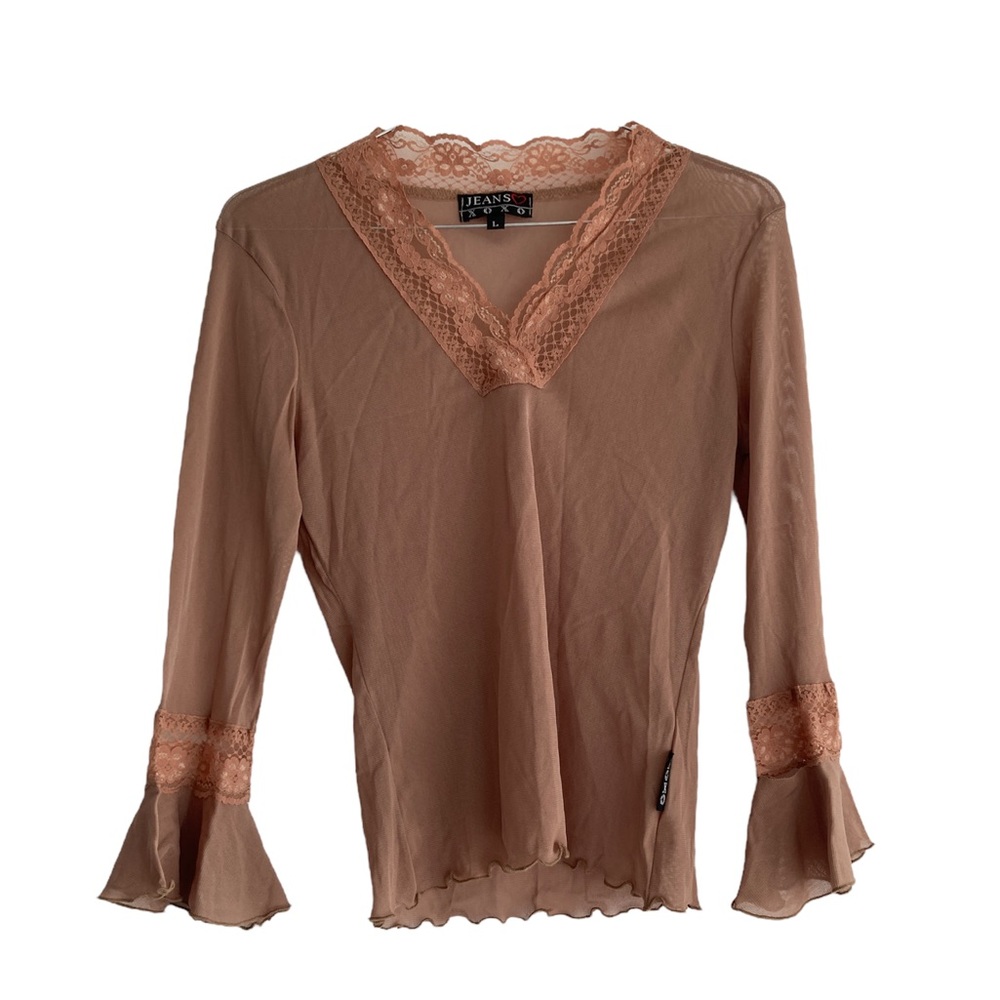 2for$38 Xoxo jeans women’s sheer mesh lace brown long sleeve top size Large